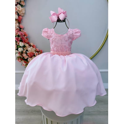 Vestido Infantil Rosa Bebê Busto Com Renda Daminha Festas