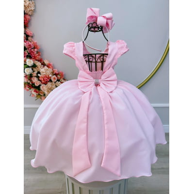 Vestido Infantil Rosa Bebê Busto Com Renda Daminha Festas