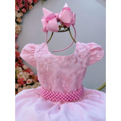 Vestido Infantil Rosa Bebê Busto C/ Renda e Cinto de Pérolas