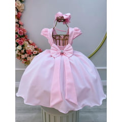 Vestido Infantil Rosa Bebê Busto C/ Renda e Cinto de Pérolas