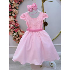 Vestido Infantil Rosa Bebê Busto C/ Renda e Cinto de Pérolas