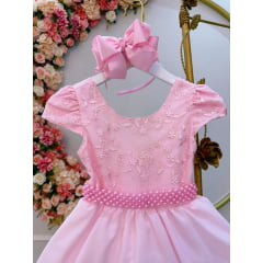 Vestido Infantil Rosa Bebê Busto C/ Renda e Cinto de Pérolas