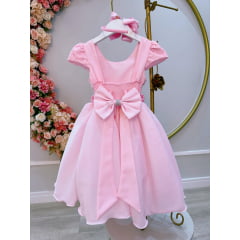 Vestido Infantil Rosa Bebê Busto C/ Renda e Cinto de Pérolas