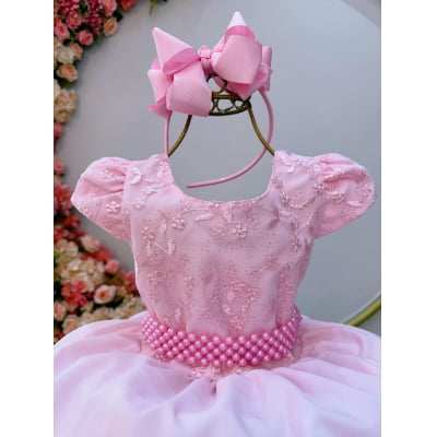 Vestido Infantil Rosa Bebê Busto Com Renda Formatura Festas