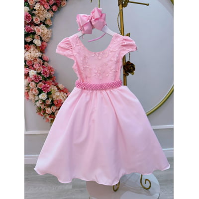 Vestido Infantil Rosa Bebê Busto Com Renda Formatura Festas