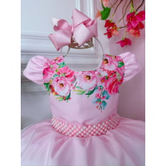 Vestido Infantil Rosa Bebê Florido Com Cinto de Pérolas Luxo