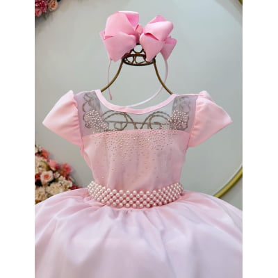 Vestido Infantil Rosa Busto C/ Strass Casamento Pérolas Luxo