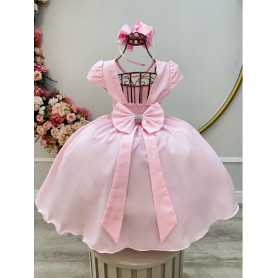 Vestido Infantil Rosa Busto C/ Strass Casamento Pérolas Luxo