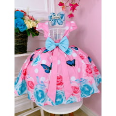 Vestido Infantil Rosa Chiclete Jardim das Borboletas Pérolas