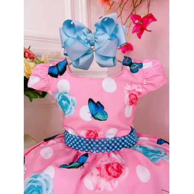 Vestido Infantil Rosa Chiclete Jardim das Borboletas Pérolas