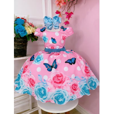 Vestido Infantil Rosa Chiclete Jardim das Borboletas Pérolas