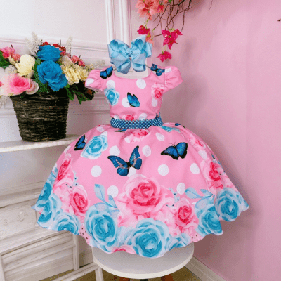Vestido Infantil Rosa Chiclete Jardim das Borboletas Pérolas