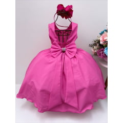 Vestido Infantil Rosa Chiclete Peito Renda Cinto de Pérolas