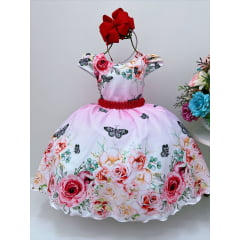 Vestido Infantil Rosa e Branco Borboletas Cinto de Pérolas