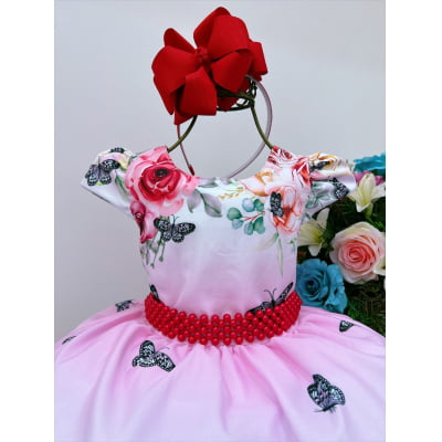 Vestido Infantil Rosa e Branco Borboletas Cinto de Pérolas