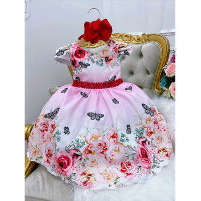 Vestido Infantil Rosa e Branco Borboletas Cinto de Pérolas