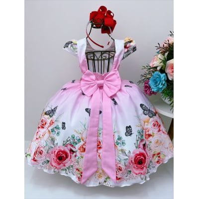 Vestido Infantil Rosa e Branco Borboletas Cinto de Pérolas