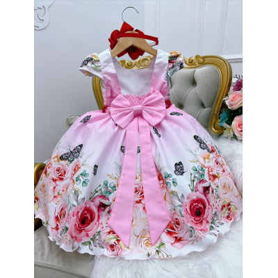 Vestido Infantil Rosa e Branco Borboletas Cinto de Pérolas