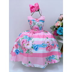 Vestido Infantil Rosa e Branco Florido C/ Cinto de Pérolas