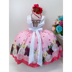 Vestido Infantil Rosa Floral Cinto Pérolas e Strass no Peito