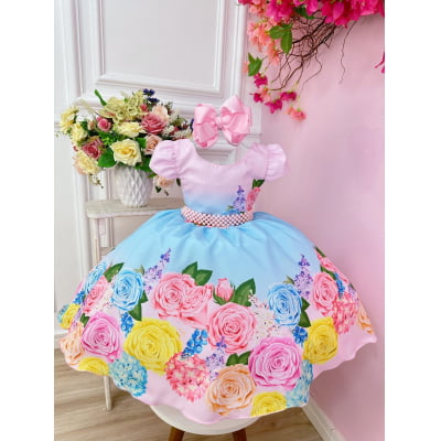 Vestido Infantil Rosa Flores Primavera e Cinto Pérolas Festas