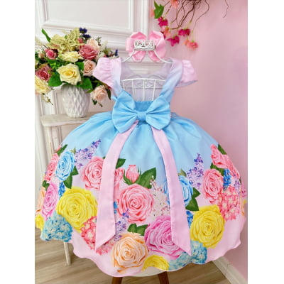 Vestido Infantil Rosa Flores Primavera e Cinto Pérolas Festas