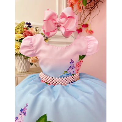 Vestido Infantil Rosa Flores Primavera e Cinto Pérolas Festas