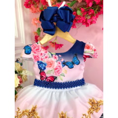 Vestido Infantil Rosa Jardim das Borboletas Cinto de Pérolas