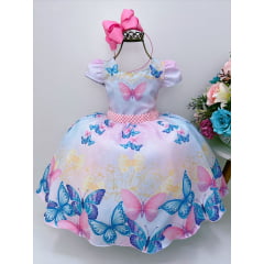 Vestido Infantil Rosa Jardim das Borboletas e Cinto Pérolas