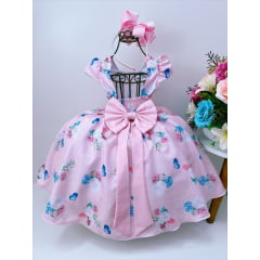 Vestido Infantil Rosa Jardim das Borboletas e Pérolas Cinto