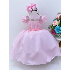 Vestido Infantil Rosa Busto C/ Strass Casamento Pérolas Luxo