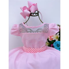 Vestido Infantil Rosa Busto C/ Strass Casamento Pérolas Luxo