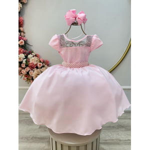 Vestido Infantil Rosa Busto C/ Strass Casamento Pérolas Luxo