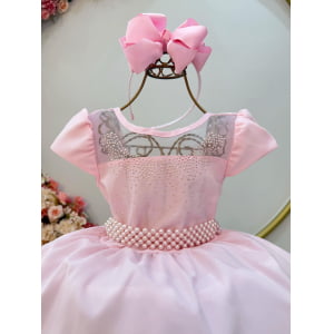 Vestido Infantil Rosa Busto C/ Strass Casamento Pérolas Luxo
