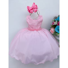 Vestido Infantil Rosa Renda no Busto Cinto Pérolas Luxo