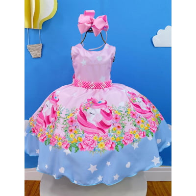 Vestido Infantil Rosa Unicórnio Festas de Aniversário Luxo
