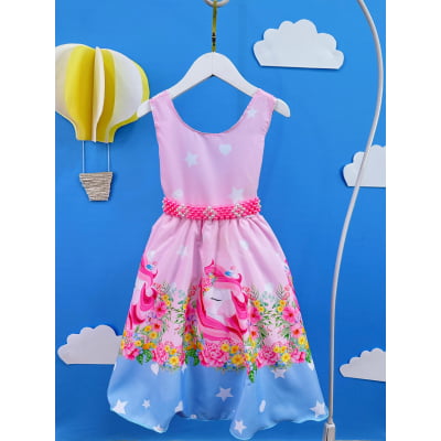 Vestido Infantil Rosa Unicórnio Festas de Aniversário Luxo