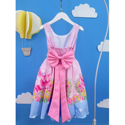 Vestido Infantil Rosa Unicórnio Festas de Aniversário Luxo