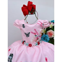 Vestido Infantil Rosa Borboletas Florido Cinto de Pérolas