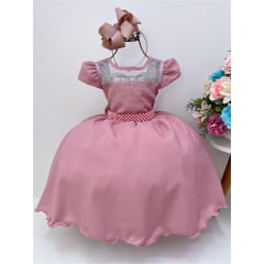 Vestido Infantil Rose Peito Strass Cinto de Pérolas Luxo
