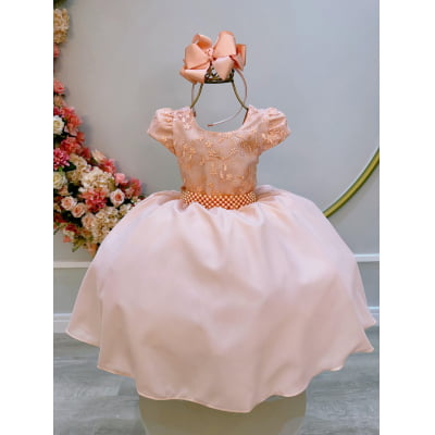 Vestido Infantil Salmão Busto C/ Renda e Cinto de Pérolas