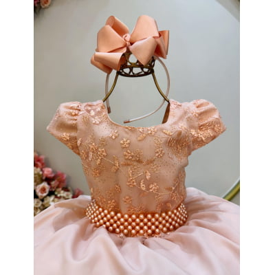 Vestido Infantil Salmão Busto C/ Renda e Cinto de Pérolas