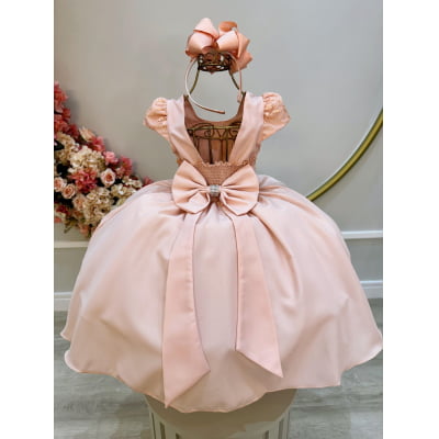 Vestido Infantil Salmão Busto C/ Renda e Cinto de Pérolas