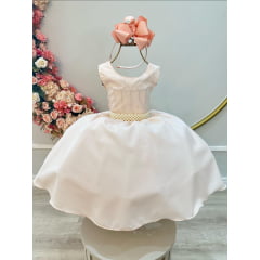 Vestido Infantil Salmão Claro Busto Com Strass Daminhas