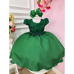 Vestido Infantil Verde Militar Busto C/ Renda e Cinto Pérolas