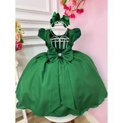 Vestido Infantil Verde Escuro Busto C/ Renda e Cinto Pérolas