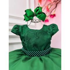 Vestido Infantil Verde Escuro Busto C/ Renda e Cinto Pérolas