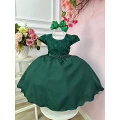 Vestido Infantil Verde Escuro Busto C/ Renda e Cinto Pérolas