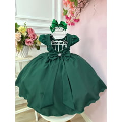 Vestido Infantil Verde Escuro Busto C/ Renda e Cinto Pérolas