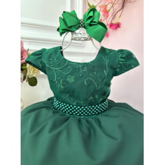 Vestido Infantil Verde Escuro Busto C/ Renda e Cinto Pérolas